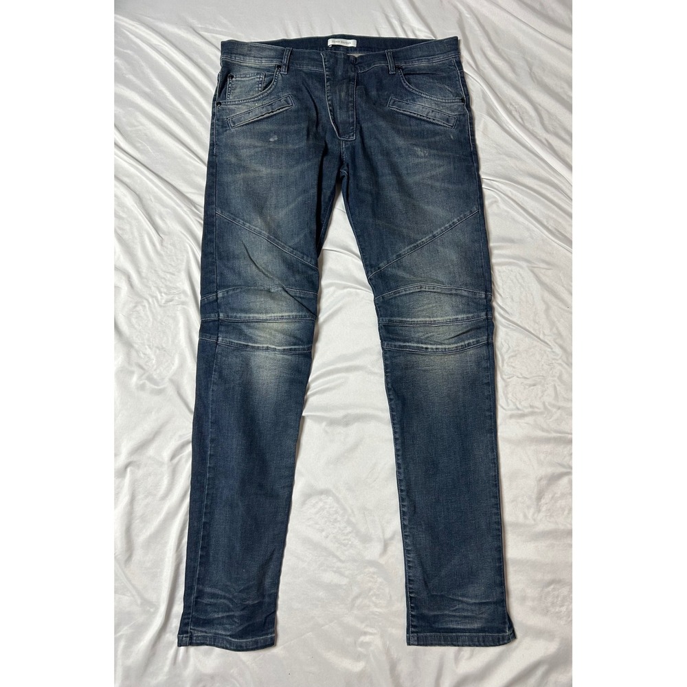 Pierre Balmain Mens Biker Moto Jeans Blue Faded Made Italy Size 38 HP57205J